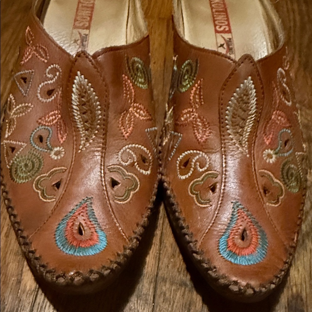 PIKOLINOS Leather Moccasin Mules with Decorative Stitching - Brown Multi size 37 - Picture 3 of 10